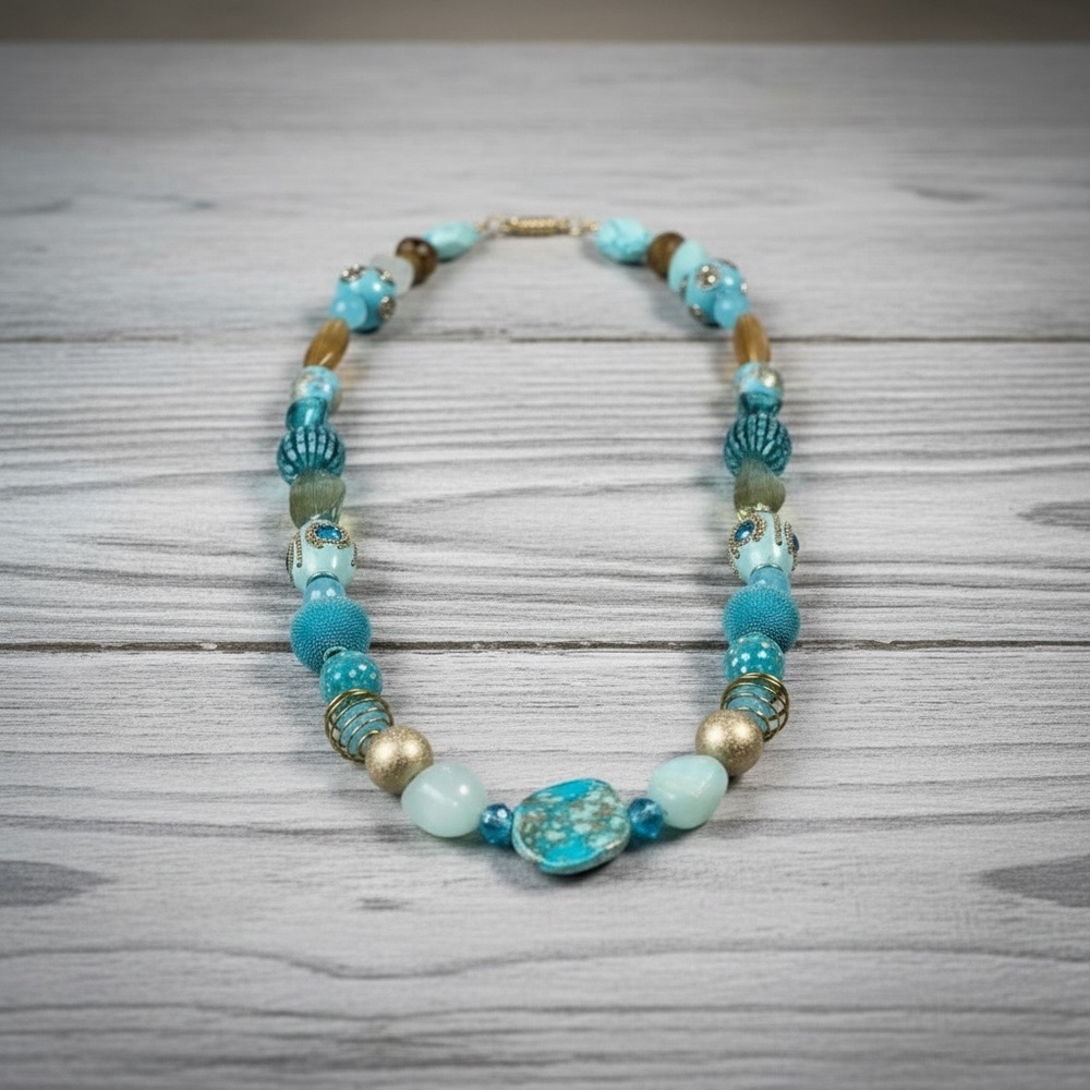 Handcrafted Boho Turquoise And Gold Statement Necklace And Earring Set
